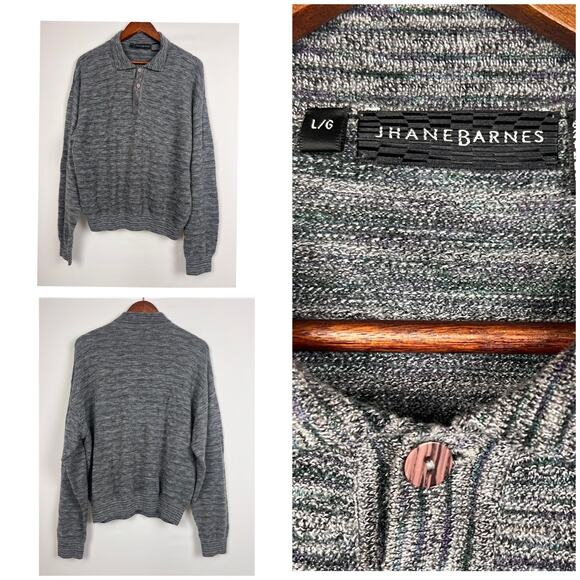 Jhane Barnes Mens Wool Blend L Knit Sweater Gray Textured Button Polo Pullover - Picture 7 of 8